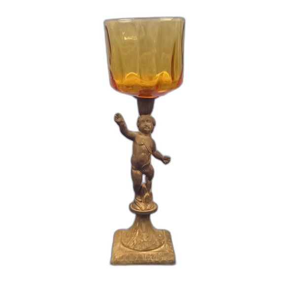 Brass Cherub Candle Holder Hollywood Regency MCM Amber Glass - Picture 1 of 11